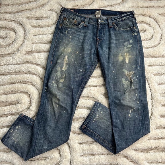 True Religion Women's Blue Paint-Splatter  Brianna Boyfriend Straight Leg Jeans - Picture 1 of 12